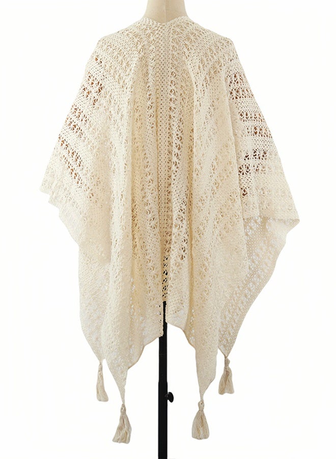 Fringe-trimmed openwork crochet shawl cape women's coat - Image 4